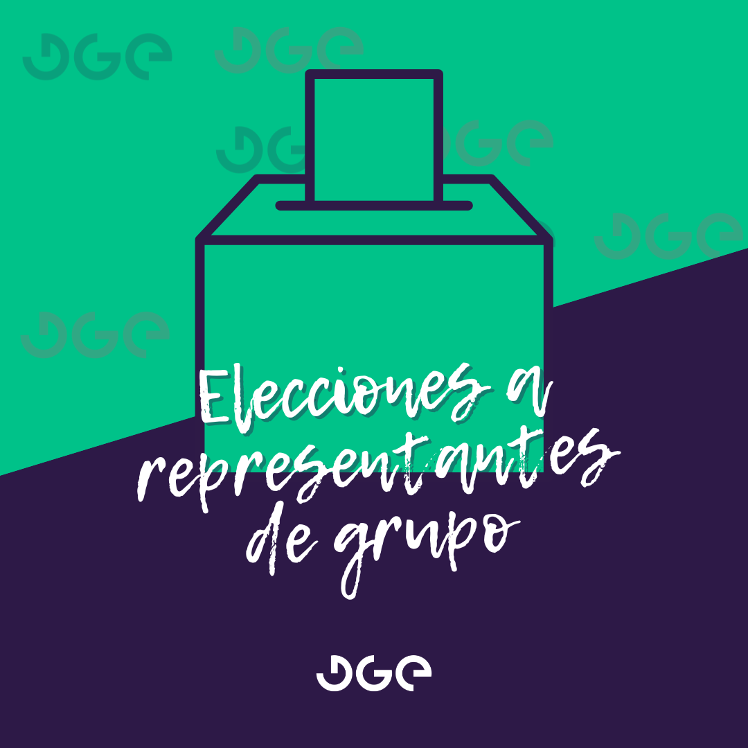 Urna con una papeleta introduciéndose y el texto de elecciones de representantes de grupo junto al logo de la DGE