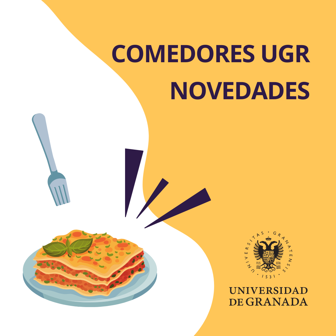 Es un cartel remarcando una lasaña, con el texto de comedores UGR novedades y el logo de la universidad