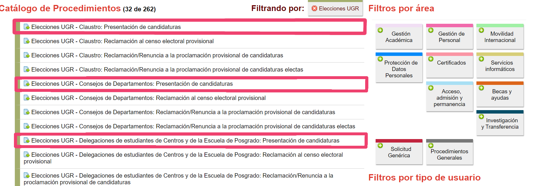 Lista de procesos de elecciones, se maraca la presentación candidaturas 