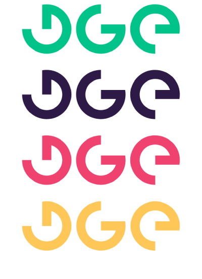 Logos DGE verde, morado, rosa y amarillos sobre fondo blanco